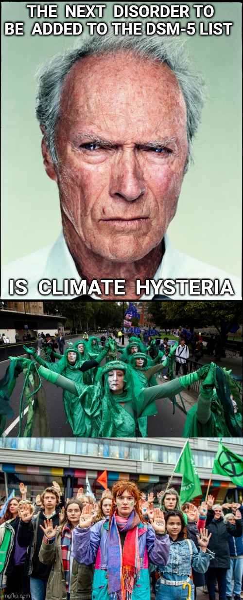 THE  NEXT  DISORDER TO BE  ADDED TO THE DSM-5 LIST; IS  CLIMATE  HYSTERIA | image tagged in clint eastwood,personality disorders,hysteria,climate change,climate | made w/ Imgflip meme maker
