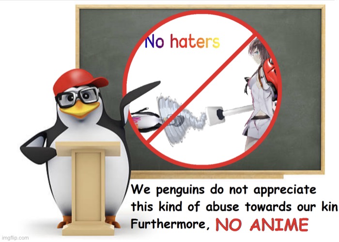 Don't hate the no anime penguin | image tagged in don't hate the no anime penguin | made w/ Imgflip meme maker