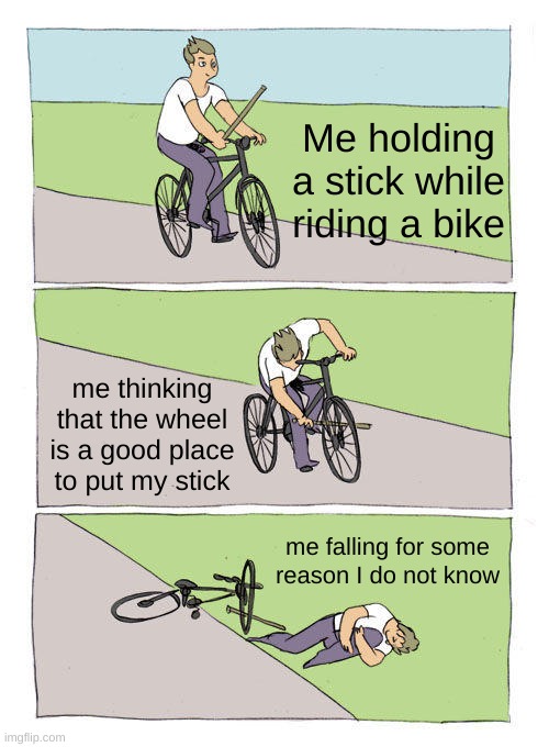 Bike Fall | Me holding a stick while riding a bike; me thinking that the wheel is a good place to put my stick; me falling for some reason I do not know | image tagged in memes,bike fall | made w/ Imgflip meme maker