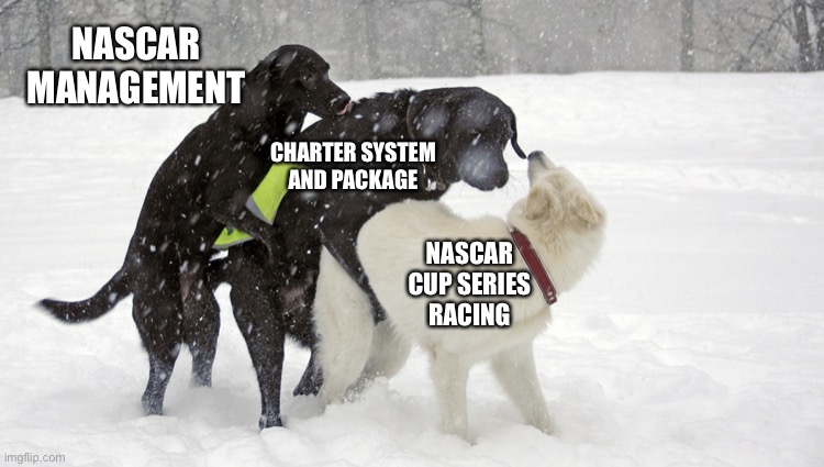 NASCAR package is screwing NASCAR | NASCAR MANAGEMENT; CHARTER SYSTEM AND PACKAGE; NASCAR CUP SERIES RACING | image tagged in doggie three way,nascar,package,cup,racing,funny car crash | made w/ Imgflip meme maker