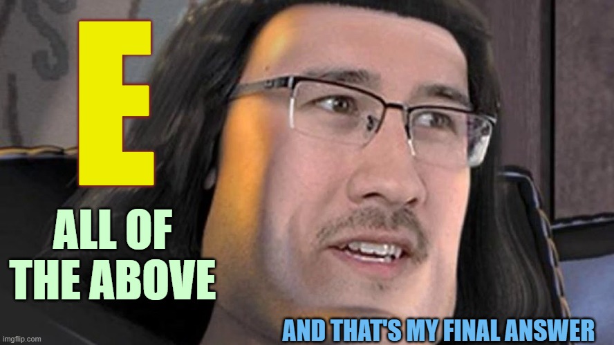▬▬ comment specific to game show meme where A, B, C, and D were all correct answers | E AND THAT'S MY FINAL ANSWER ALL OF
THE ABOVE | image tagged in e,comment | made w/ Imgflip meme maker