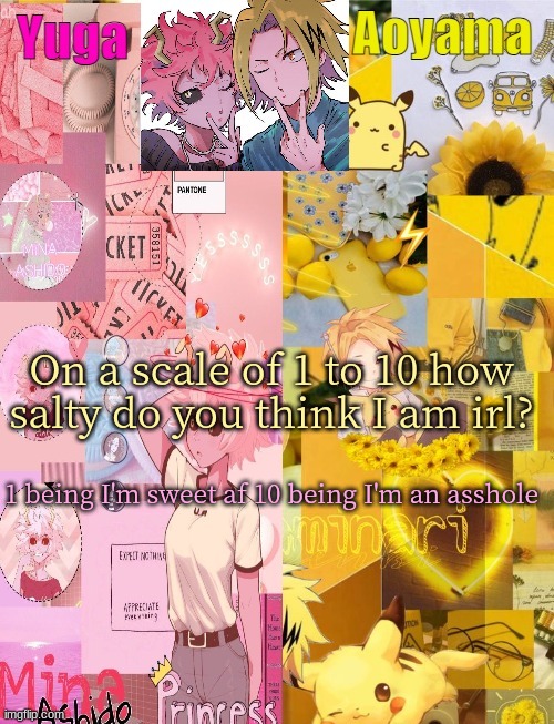 Mina and Denki Temp (tysm Yachi) | On a scale of 1 to 10 how salty do you think I am irl? 1 being I'm sweet af 10 being I'm an asshole | image tagged in mina and denki temp tysm yachi | made w/ Imgflip meme maker