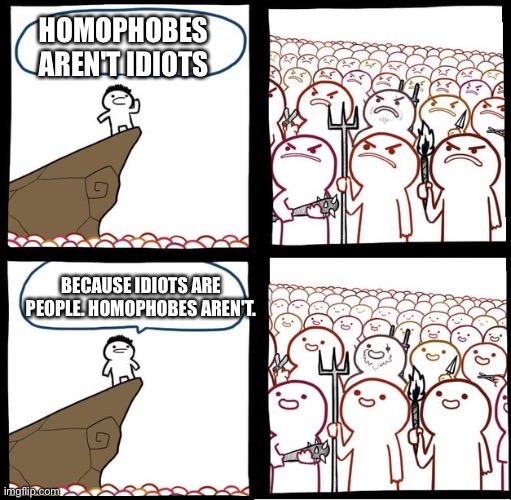Preaching to the mob | HOMOPHOBES AREN'T IDIOTS; BECAUSE IDIOTS ARE PEOPLE. HOMOPHOBES AREN'T. | image tagged in preaching to the mob | made w/ Imgflip meme maker