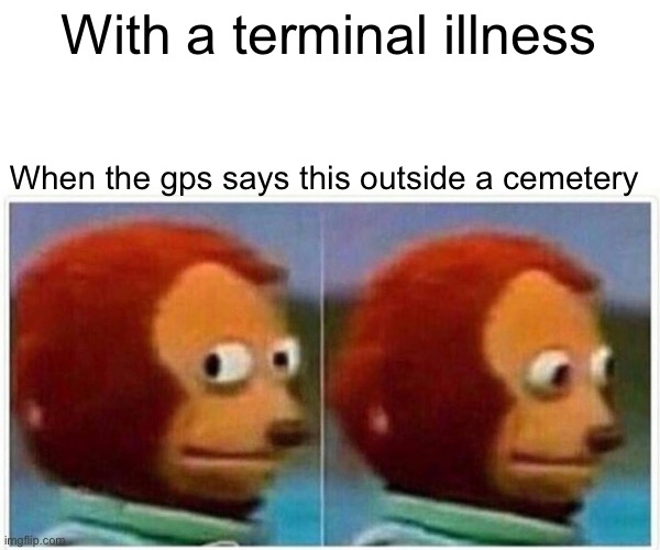 Monkey Puppet Meme | With a terminal illness When the gps says this outside a cemetery | image tagged in memes,monkey puppet | made w/ Imgflip meme maker