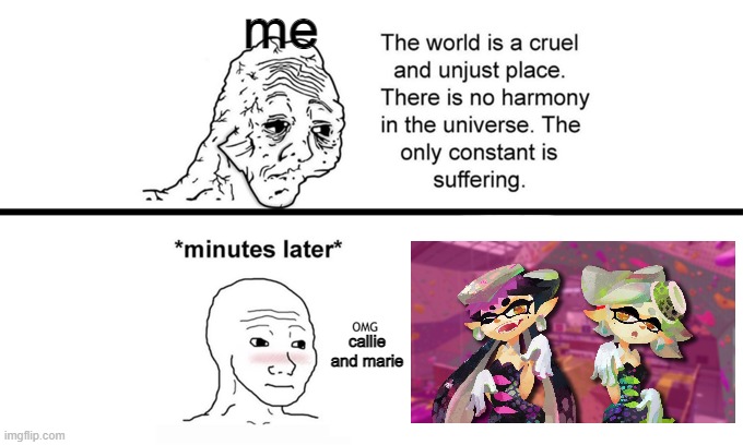 The World is a Cruel and Unjust Place | me; callie and marie | image tagged in the world is a cruel and unjust place | made w/ Imgflip meme maker