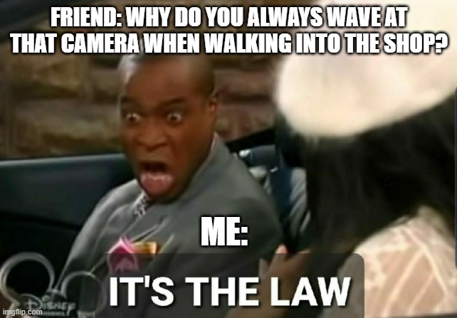 It's the law | FRIEND: WHY DO YOU ALWAYS WAVE AT THAT CAMERA WHEN WALKING INTO THE SHOP? ME: | image tagged in it's the law | made w/ Imgflip meme maker