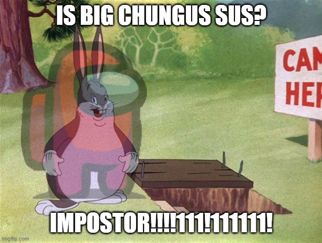 sus |  IS BIG CHUNGUS SUS? IMPOSTOR!!!!111!111111! | image tagged in big chungus,sus | made w/ Imgflip meme maker