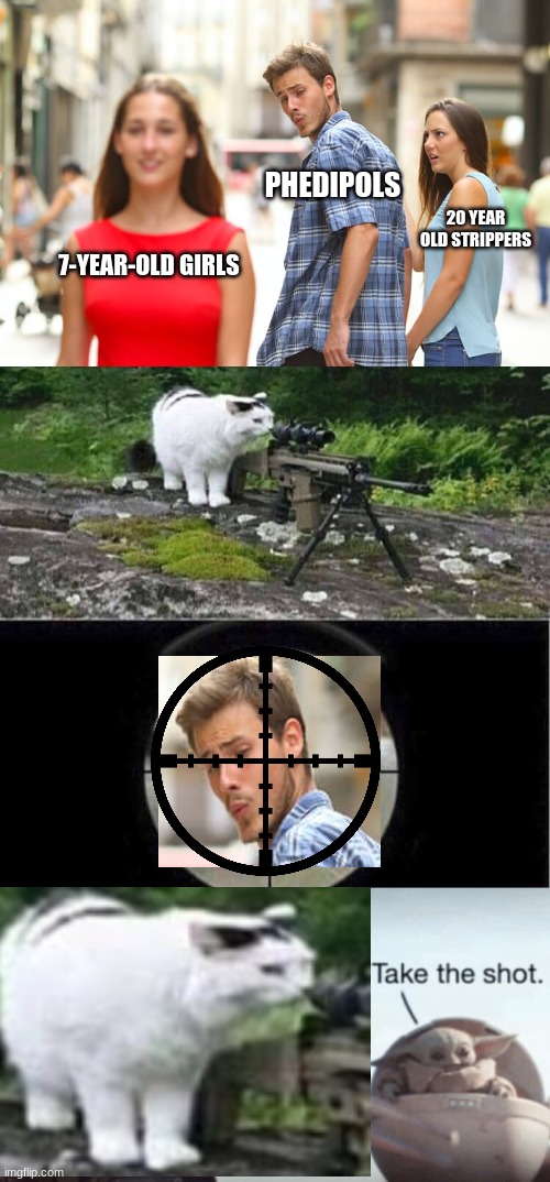 i worked hard on this one and yes take the damn shot cat | PHEDIPOLS; 20 YEAR OLD STRIPPERS; 7-YEAR-OLD GIRLS | image tagged in memes,distracted boyfriend,sniper cat aim crying cat,baby yoda take the shot | made w/ Imgflip meme maker