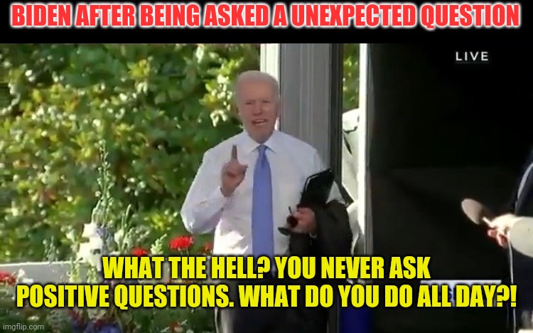BIDEN AFTER BEING ASKED A UNEXPECTED QUESTION WHAT THE HELL? YOU NEVER ASK POSITIVE QUESTIONS. WHAT DO YOU DO ALL DAY?! | made w/ Imgflip meme maker