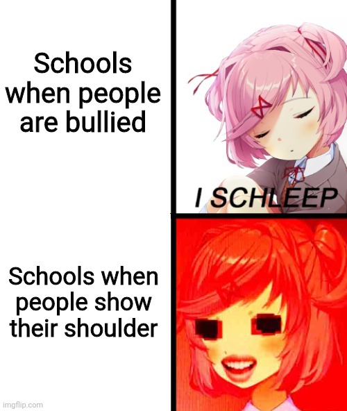 Natsuki I sleep | Schools when people are bullied; Schools when people show their shoulder | image tagged in natsuki i sleep | made w/ Imgflip meme maker