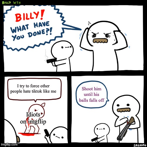 Billy, What Have You Done | I try to force other people hate tiktok like me; Shoot him until his balls falls off; Idiots on imgflip | image tagged in billy what have you done | made w/ Imgflip meme maker