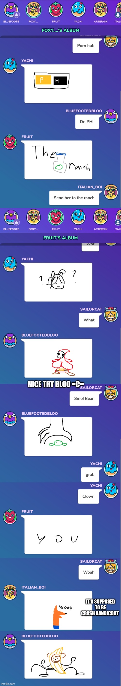Gartic chaos (everyone left so don't ask me the link) | NICE TRY BLOO =C=; IT'S SUPPOSED TO BE CRASH BANDICOOT | made w/ Imgflip meme maker