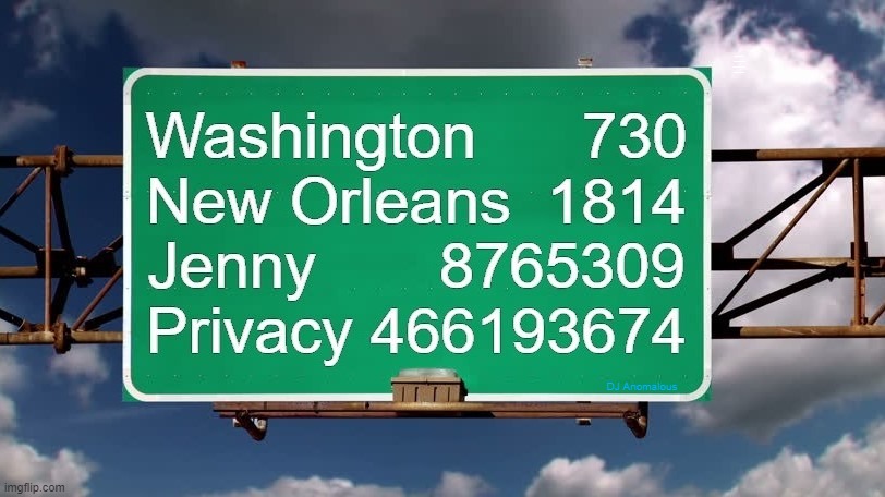 Your actual mileage may vary | WASHINGTON 730; NEW ORLEANS 1814; JENNY 8675309; PRIVACY 466193674; DJ Anomalous | image tagged in funny road signs,road sign,jenny,new orleans,privacy | made w/ Imgflip meme maker