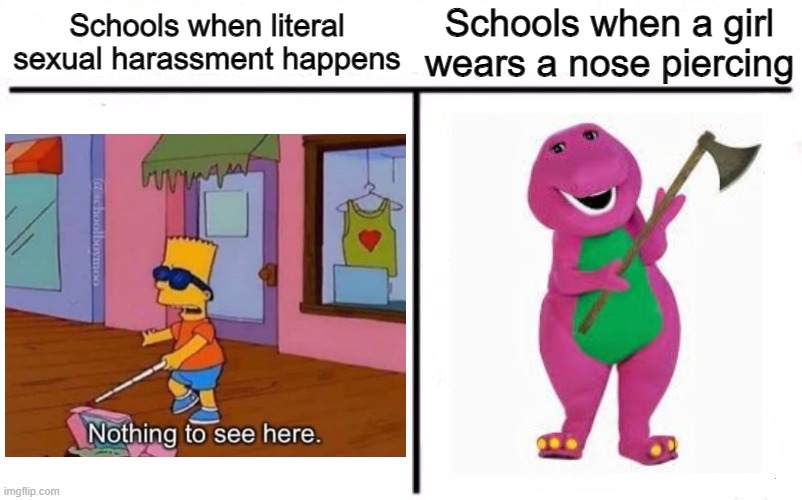 Priorities, I guess | Schools when a girl wears a nose piercing; Schools when literal sexual harassment happens | image tagged in who would win blank,memes,funny,school,priorities | made w/ Imgflip meme maker