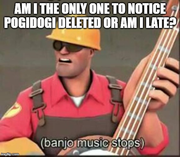 banjo music stops | AM I THE ONLY ONE TO NOTICE POGIDOGI DELETED OR AM I LATE? | image tagged in banjo music stops | made w/ Imgflip meme maker
