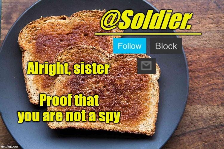 Soldier. Bread Temp | Alright, sister; Proof that you are not a spy | image tagged in soldier bread temp | made w/ Imgflip meme maker