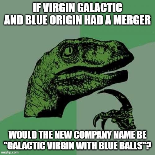 Philosoraptor Meme | IF VIRGIN GALACTIC AND BLUE ORIGIN HAD A MERGER; WOULD THE NEW COMPANY NAME BE "GALACTIC VIRGIN WITH BLUE BALLS"? | image tagged in memes,philosoraptor | made w/ Imgflip meme maker