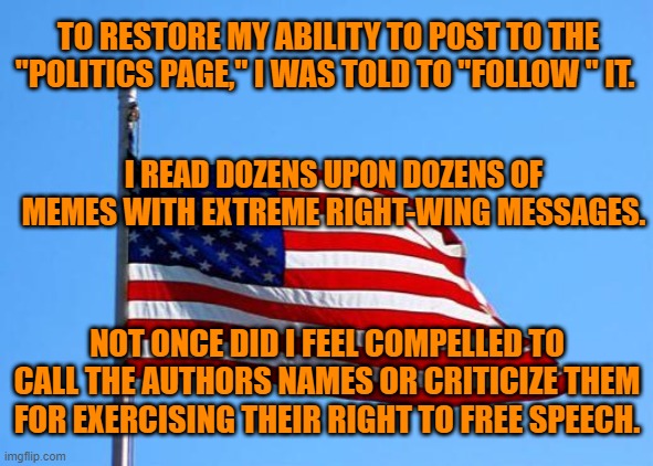 There must be something wrong with me. | TO RESTORE MY ABILITY TO POST TO THE "POLITICS PAGE," I WAS TOLD TO "FOLLOW " IT. I READ DOZENS UPON DOZENS OF MEMES WITH EXTREME RIGHT-WING MESSAGES. NOT ONCE DID I FEEL COMPELLED TO CALL THE AUTHORS NAMES OR CRITICIZE THEM FOR EXERCISING THEIR RIGHT TO FREE SPEECH. | image tagged in american flag | made w/ Imgflip meme maker