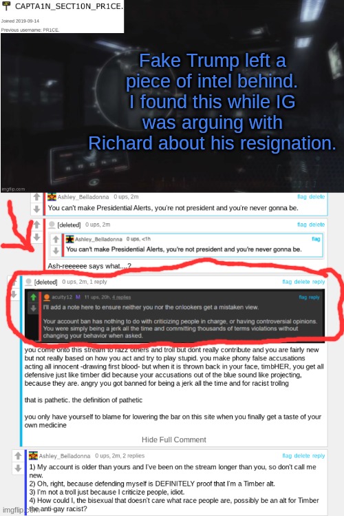 Thank you. Never before I found something REAL useful during an argument. | Fake Trump left a piece of intel behind. I found this while IG was arguing with Richard about his resignation. | image tagged in sect10n_pr1ce announcment,incognitoguy,richard | made w/ Imgflip meme maker