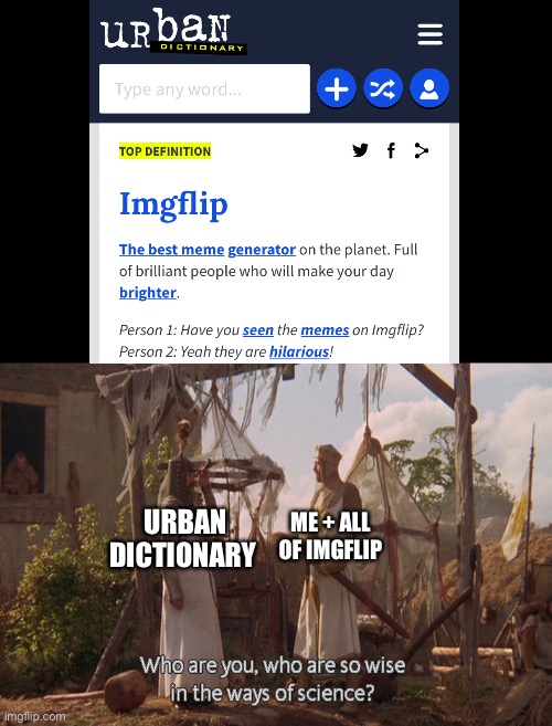 Urban Dictionary has the truth |  ME + ALL OF IMGFLIP; URBAN
DICTIONARY | image tagged in who are you so wise in the ways of science,urban dictionary,truth | made w/ Imgflip meme maker