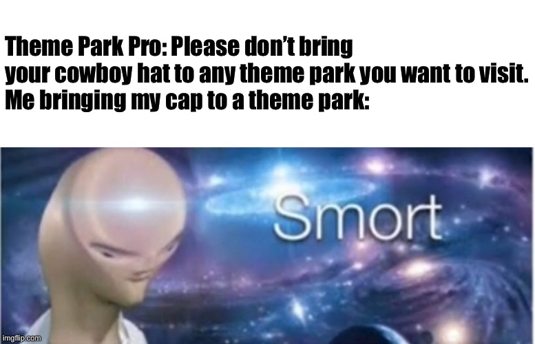 Don’t bring your cowboy hat to a theme park! |  Theme Park Pro: Please don’t bring your cowboy hat to any theme park you want to visit.
Me bringing my cap to a theme park: | image tagged in meme man smort,memes,smort,theme park | made w/ Imgflip meme maker