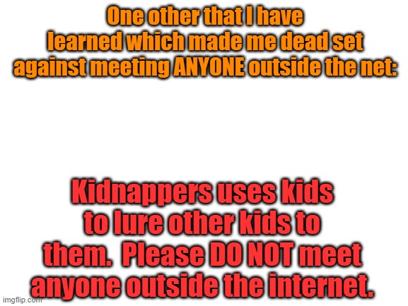 Blank White Template | One other that I have learned which made me dead set against meeting ANYONE outside the net:; Kidnappers uses kids to lure other kids to them.  Please DO NOT meet anyone outside the internet. | image tagged in blank white template | made w/ Imgflip meme maker