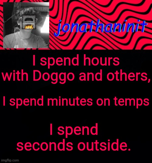 just jonathaninit | I spend hours with Doggo and others, I spend minutes on temps; I spend seconds outside. | image tagged in just jonathaninit | made w/ Imgflip meme maker