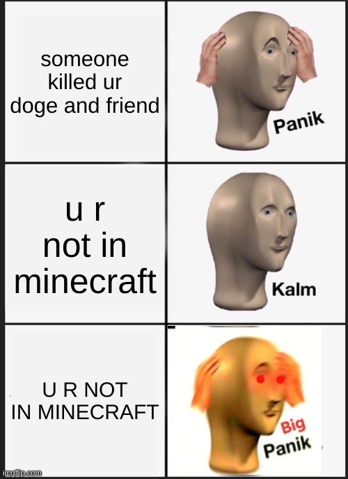 panik kalm big panik | someone killed ur doge and friend; u r not in minecraft; U R NOT IN MINECRAFT | image tagged in memes,panik kalm panik | made w/ Imgflip meme maker