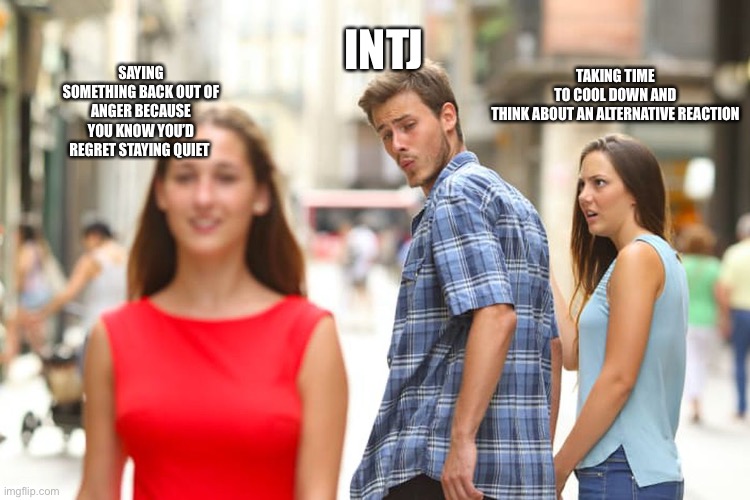 Distracted Boyfriend | TAKING TIME TO COOL DOWN AND THINK ABOUT AN ALTERNATIVE REACTION; INTJ; SAYING SOMETHING BACK OUT OF ANGER BECAUSE YOU KNOW YOU’D REGRET STAYING QUIET | image tagged in memes,distracted boyfriend | made w/ Imgflip meme maker