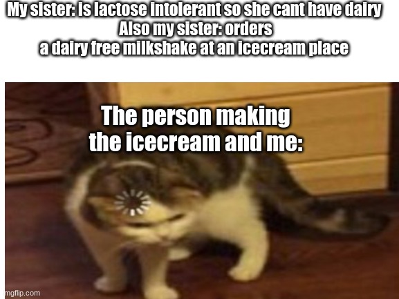 So this just happened | My sister: is lactose intolerant so she cant have dairy 
Also my sister: orders a dairy free milkshake at an icecream place; The person making the icecream and me: | image tagged in loading cat | made w/ Imgflip meme maker