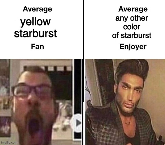 Average Fan vs. Average Enjoyer | any other color of starburst; yellow starburst | image tagged in average fan vs average enjoyer | made w/ Imgflip meme maker