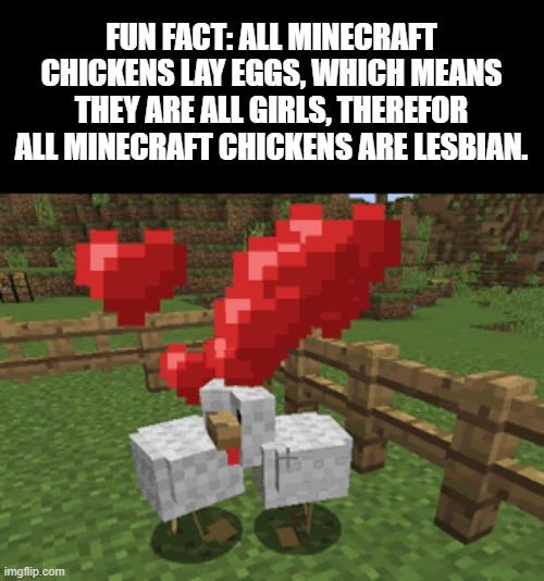 all minecraft chickens are lesbian | FUN FACT: ALL MINECRAFT CHICKENS LAY EGGS, WHICH MEANS THEY ARE ALL GIRLS, THEREFOR ALL MINECRAFT CHICKENS ARE LESBIAN. | image tagged in pride,minecraft,lesbian,chickens,gay,gaming | made w/ Imgflip meme maker