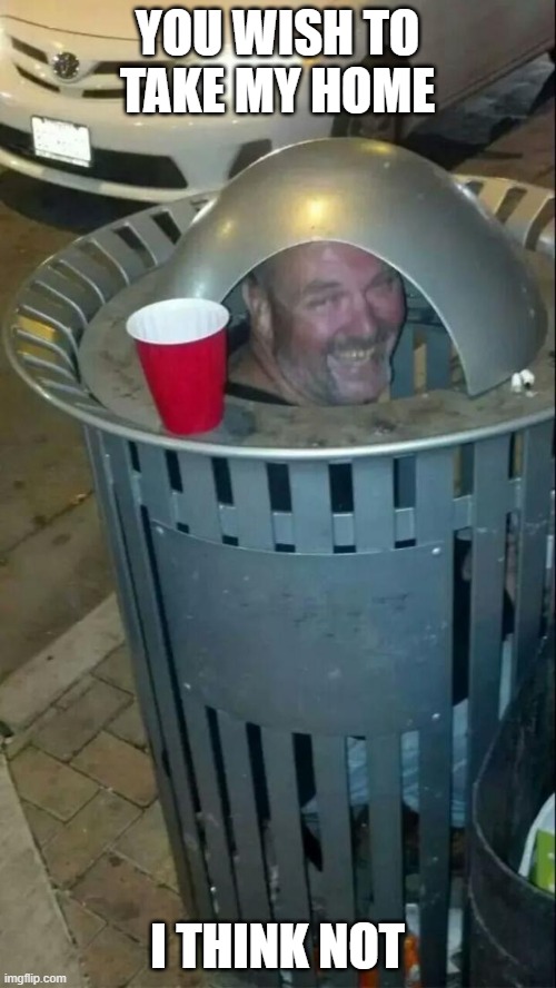 trashcan drunk | YOU WISH TO TAKE MY HOME I THINK NOT | image tagged in trashcan drunk | made w/ Imgflip meme maker