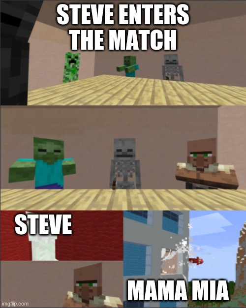 Minecraft boardroom meeting | STEVE ENTERS THE MATCH; STEVE; MAMA MIA | image tagged in minecraft boardroom meeting | made w/ Imgflip meme maker