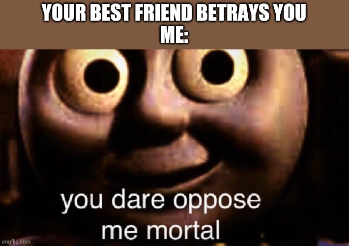 You dare oppose me mortal | YOUR BEST FRIEND BETRAYS YOU
ME: | image tagged in you dare oppose me mortal | made w/ Imgflip meme maker