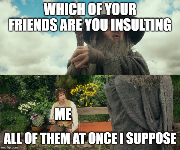 All of them at once I suppose | WHICH OF YOUR FRIENDS ARE YOU INSULTING; ME; ALL OF THEM AT ONCE I SUPPOSE | image tagged in all of them at once i suppose | made w/ Imgflip meme maker