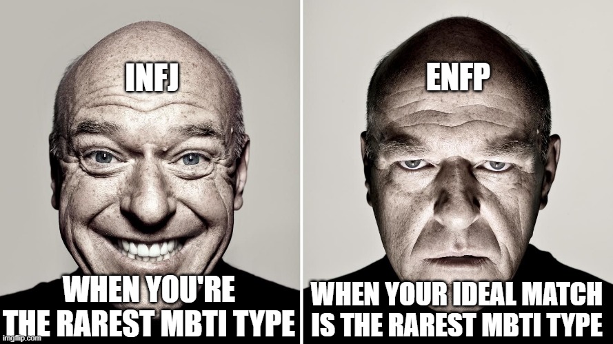 Dean Norris's reaction | INFJ; ENFP; WHEN YOUR IDEAL MATCH IS THE RAREST MBTI TYPE; WHEN YOU'RE THE RAREST MBTI TYPE | image tagged in dean norris's reaction | made w/ Imgflip meme maker