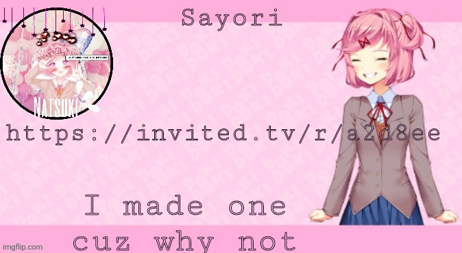 We be watching YuB lmao | https://invited.tv/r/a2d8ee; I made one cuz why not | image tagged in sayori's natsuki temp 2 0 | made w/ Imgflip meme maker
