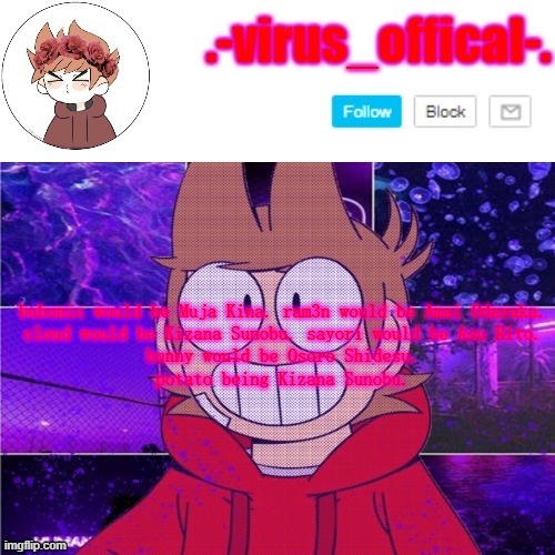 tord temp by yachi | bubonic would be Muja Kina. ram3n would be Amai Odayaka.
cloud would be Kizana Sunobu. sayori would be Asu Rito.
bunny would be Osoro Shidesu.
potato being Kizana Sunobu. | image tagged in tord temp by yachi | made w/ Imgflip meme maker