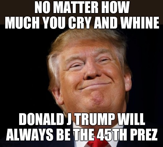 Sorry, snowflakes. |  NO MATTER HOW MUCH YOU CRY AND WHINE; DONALD J TRUMP WILL ALWAYS BE THE 45TH PREZ | image tagged in smug trump | made w/ Imgflip meme maker