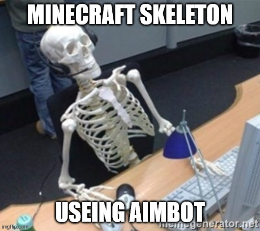 Skelleton | MINECRAFT SKELETON; USEING AIMBOT | image tagged in skelleton | made w/ Imgflip meme maker