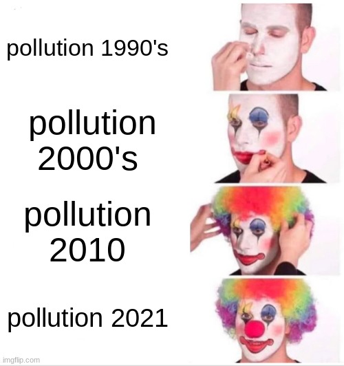 Clown Applying Makeup | pollution 1990's; pollution 2000's; pollution 2010; pollution 2021 | image tagged in memes,clown applying makeup | made w/ Imgflip meme maker