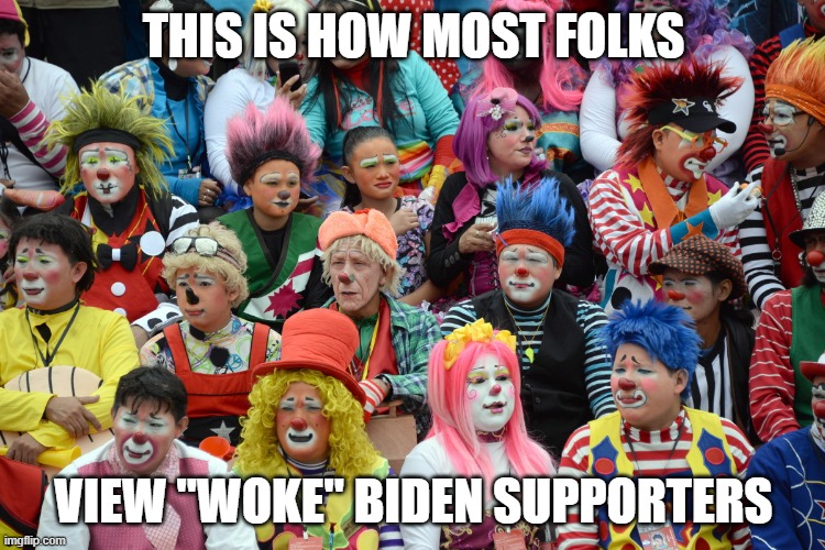 Clowns to the left of me,Jokers to the right,Here I am stuck in the middle with Biden. | THIS IS HOW MOST FOLKS; VIEW "WOKE" BIDEN SUPPORTERS | image tagged in crowd of clowns,woke,liberals,democrats,dimwits,ignorant | made w/ Imgflip meme maker