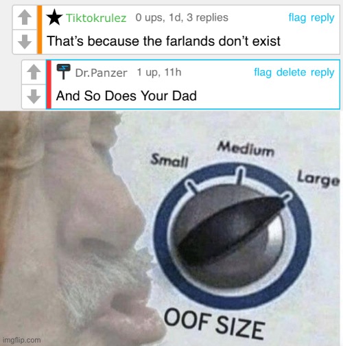 I kinda roasted this guy | image tagged in oof size large,memes,funny,roasted | made w/ Imgflip meme maker