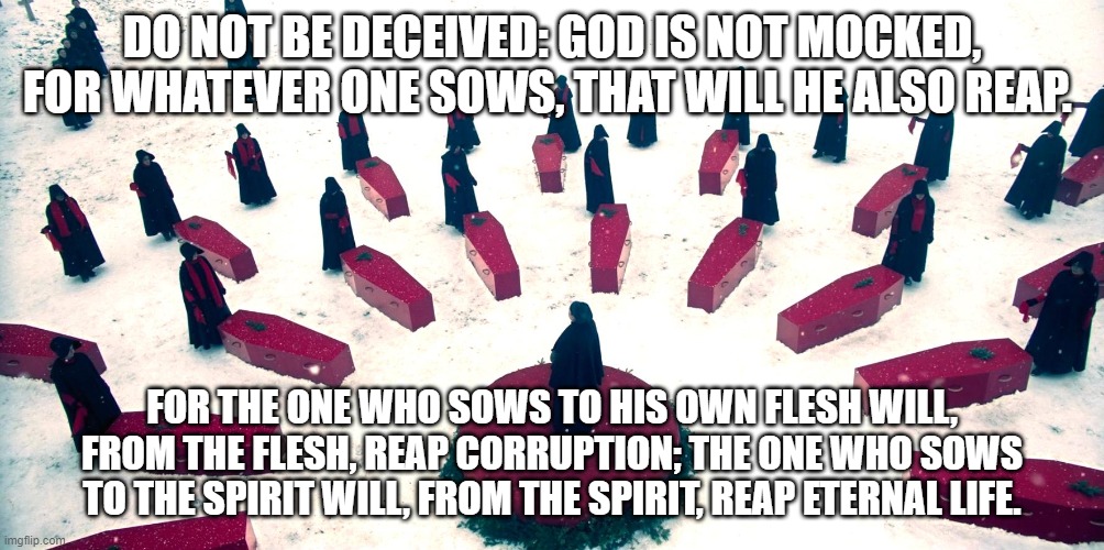 S4E10 | DO NOT BE DECEIVED: GOD IS NOT MOCKED, FOR WHATEVER ONE SOWS, THAT WILL HE ALSO REAP. FOR THE ONE WHO SOWS TO HIS OWN FLESH WILL, FROM THE FLESH, REAP CORRUPTION; THE ONE WHO SOWS TO THE SPIRIT WILL, FROM THE SPIRIT, REAP ETERNAL LIFE. | image tagged in handmaid's tale | made w/ Imgflip meme maker