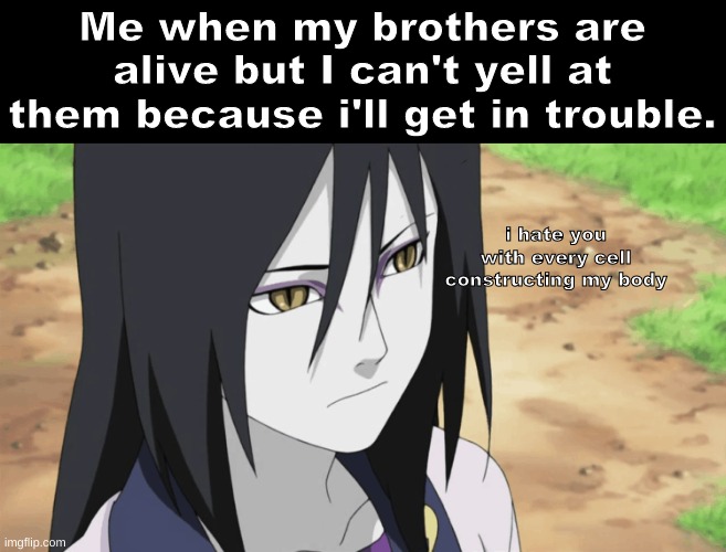Day6 of making memes from random photos of characters I love until l love myself | Me when my brothers are alive but I can't yell at them because i'll get in trouble. i hate you with every cell constructing my body | image tagged in orochimaru,naruto,brothers | made w/ Imgflip meme maker