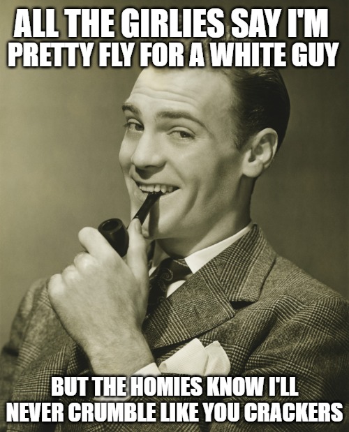 Smug | PRETTY FLY FOR A WHITE GUY; ALL THE GIRLIES SAY I'M; BUT THE HOMIES KNOW I'LL NEVER CRUMBLE LIKE YOU CRACKERS | image tagged in smug | made w/ Imgflip meme maker
