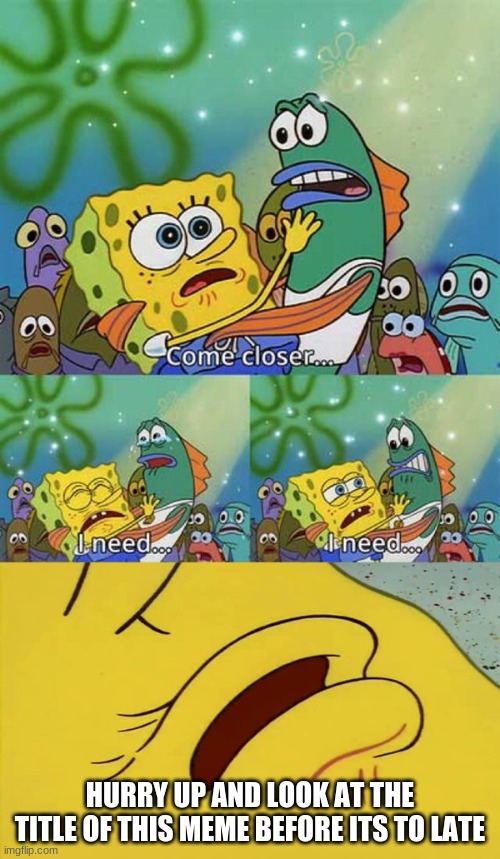 its to late go back and look at the middle of the templet | HURRY UP AND LOOK AT THE TITLE OF THIS MEME BEFORE ITS TO LATE | image tagged in spongebob come closer template | made w/ Imgflip meme maker