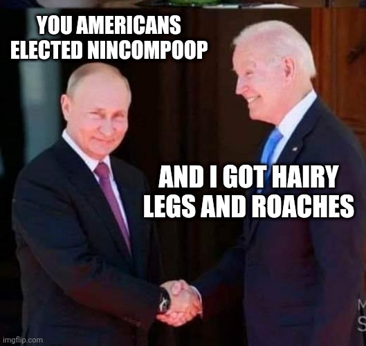 One look says it all.... | YOU AMERICANS ELECTED NINCOMPOOP; AND I GOT HAIRY LEGS AND ROACHES | image tagged in vladimir putin smiling,creepy joe biden,trump for president,world leaders,russia,united states of america | made w/ Imgflip meme maker