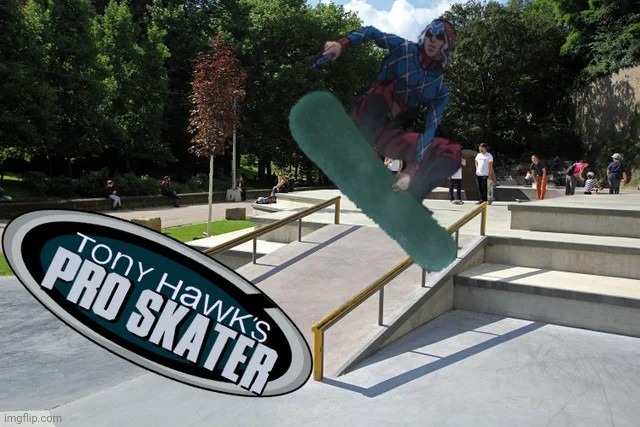 Guido Mista's Pro Skater 4 | image tagged in tony hawk's pro skater,memes,shitpost,skateboarding,grass,snowboarding | made w/ Imgflip meme maker